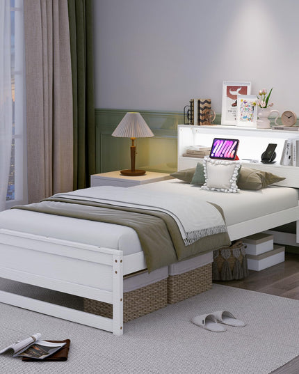 Giantex Twin Bed Frames with Storage Headboard, Wood Platform Bed with Charging Station & LED Light