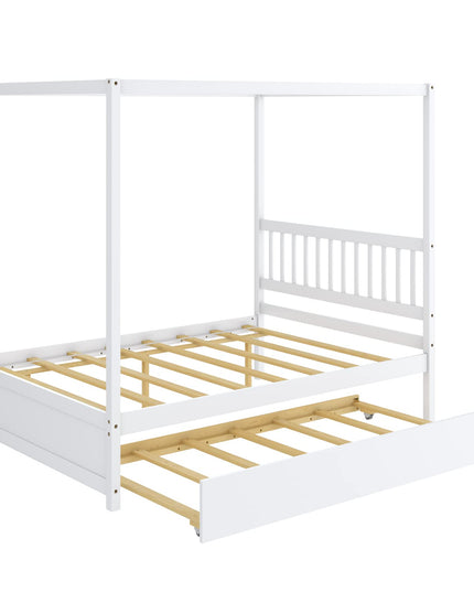 Giantex Canopy Bed w/ Trundle, Full Size Kids Solid Wood Platform Bed Frame