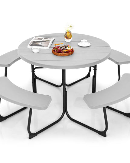 Giantex Picnic Table Set for Up to 8 Persons, Round Outdoor Table and Bench Set with Umbrella Hole