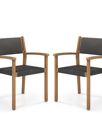 Giantex Stackable Outdoor Wicker Dining Chair Set, Rattan Armchairs w/Acacia Wood Frame
