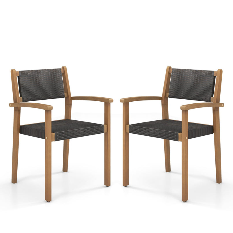 Giantex Stackable Outdoor Wicker Dining Chair Set, Rattan Armchairs w/Acacia Wood Frame