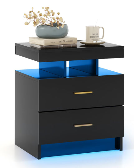 Giantex LED Nightstand, Modern Black Bedside Tables with 2 Storage Drawers