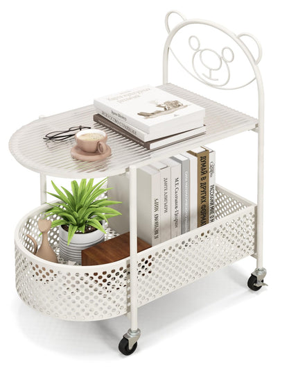 Giantex Mobile Glass Coffee Table, 2-Tier Modern Cocktail Table with Bear Pattern, Storage Basket & Metal Frame