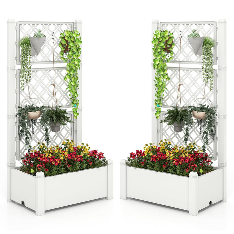 Giantex Raised Garden Bed with Trellis 59”, Self-Watering Planter Box with Water Level Indicator & Removable Space Dividers