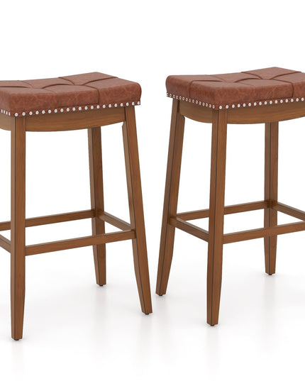Giantex Bar Stools Set, 29" Counter Height Bar Stools w/Saddle Seat, Footrest, Rivet, Button Tufted, Rubber Wood Frame