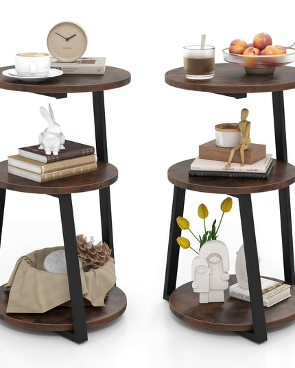 Giantex Round End Table, Industrial Side Table with Sturdy Metal Frame, Coffee Table, 3-Tier Bedside Table for Bedroom, Living Room