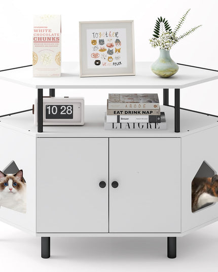 Giantex Corner Cat Litter Box Enclosure - Cat Washroom Hidden Furniture with Dual Front Entries