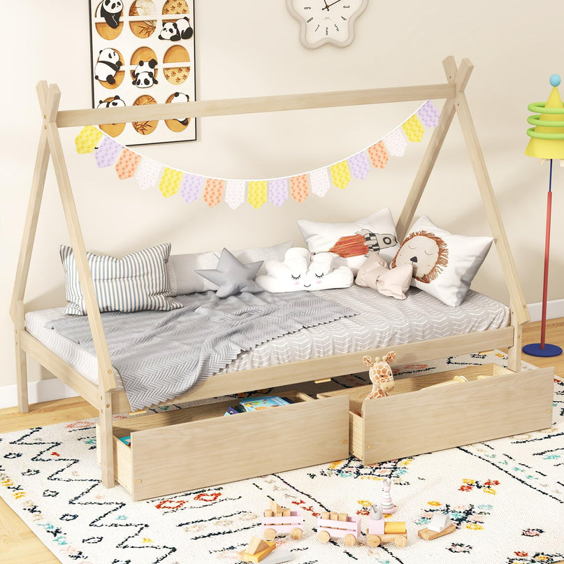 Giantex Twin Bed Frame with 2 Storage Drawers, Wood House Tent Platform Bed Frame with Triangle Structure