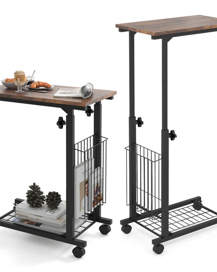 Giantex C Shaped End Table with Wheels, Height Adjustable Mobile Couch Snack Side Table with Storage Shelf