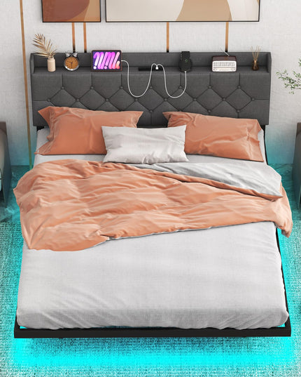 Giantex Floating Bed Frame with LED Lights, Modern Platform Bed with Adjustable Upholstered Headboard & Charging Station