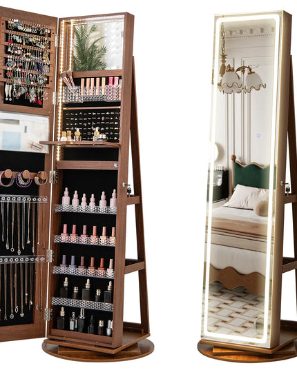 CHARMAID LED Mirror Jewelry Cabinet Armoire 360° Swivel, 63" H 3-Color Lighted Full Length Mirror