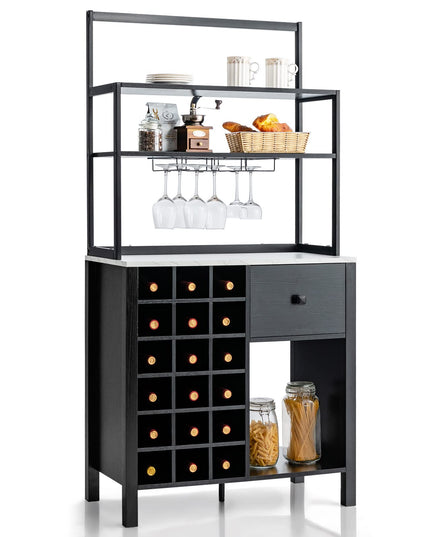 Giantex Sideboard with Hutch, 18 Bottles Wood Wine Rack, 1 Drawer, Standing 4-Tier Bakers Rack with Glass Holder