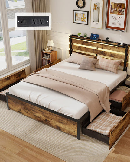 Giantex Bed Frame with LED Lights Headboard and 4 Storage Drawers