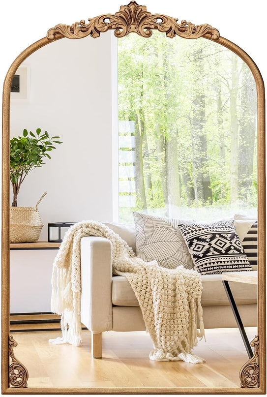 CHARMAID Arched Mirror, Gold Antique Mirror, Vintage Ornate Baroque Mirror with Metal Frame