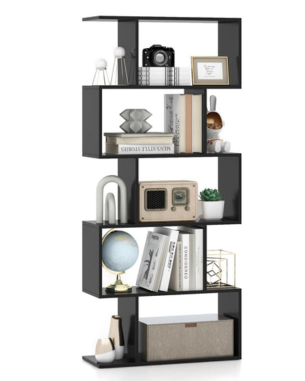 Giantex 5-Tier Geometric Bookshelf, 62.5" Tall Wood S-Shaped Bookcase with Anti-Tipping Device