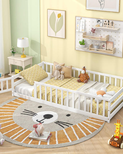 Giantex Twin Floor Bed with Door & Fence, Kids Wood Montessori Bed with Safety Guardrails