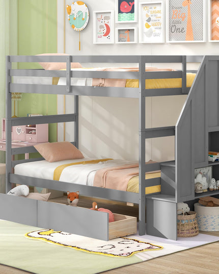 Giantex Bunk Bed Twin Over Twin with Storage Stairs & Drawers, Solid Wood Bunk Bed with Full-Length Guardrails