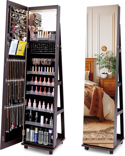 CHARMAID Jewelry Cabinet Armoire with Wheels, 64" Full Length Mirror with Jewelry Storage