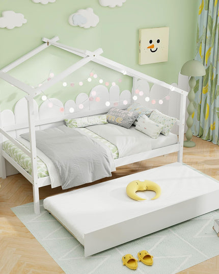 Giantex Wood House Bed for Kids, Twin Bed Frame with Trundle Bed Twin