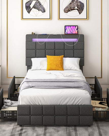 Giantex Bed Frame with LED Lights and 4 Drawers