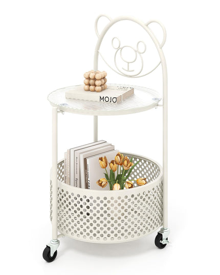 Giantex Mobile Glass Coffee Table, 2-Tier Round End Table with Bear Pattern, Storage Basket, Metal Frame