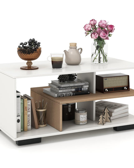 Giantex Coffee Table with Storage, Modern Rectangular Accent Table with L-shaped Middle Shelf