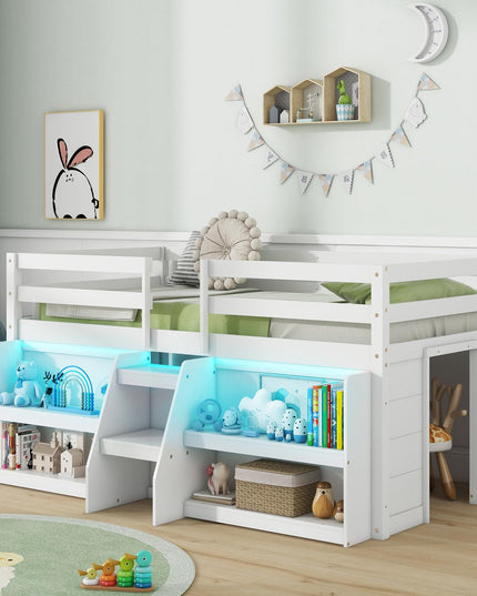 Giantex Low Loft Bed with LED Lights, Wooden Twin Loft Bed with Stairs & Safety Guardrail