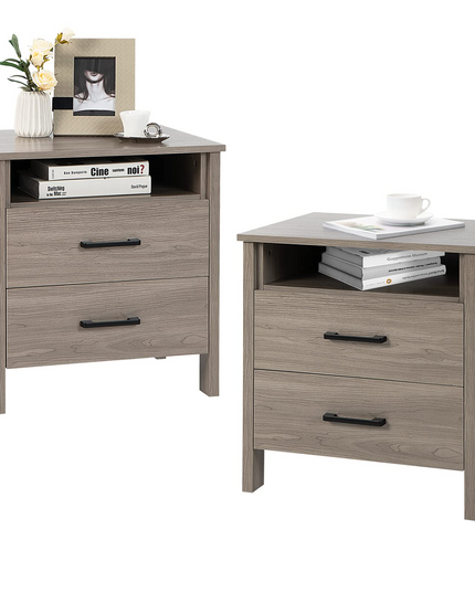 Giantex Nightstand w/2 Drawers, Set of 2 End Table w/Wood Grain