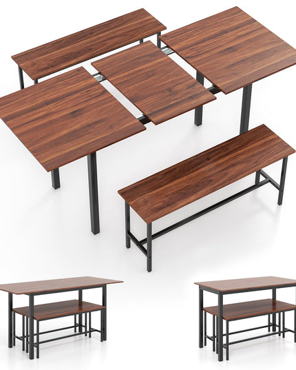Giantex Dining Room Table Set for 4-6, 3 Piece Dining Table Set, 63” Extendable Dining Table with 2 Benches