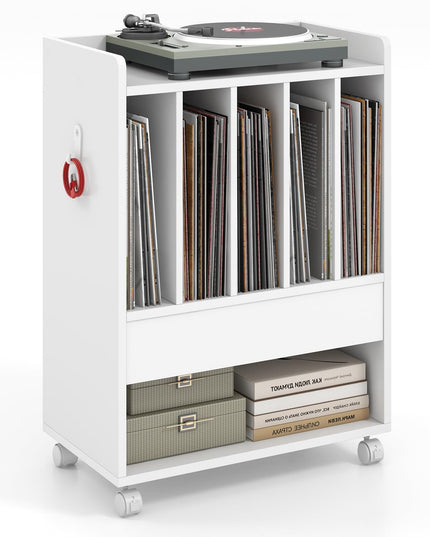 Giantex Record Player Stand, Rolling Turntable Stand with Drawer, Hook & Lockable Wheels
