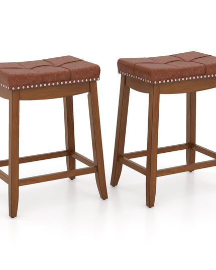 Giantex Bar Stools Set, 25" Counter Height Bar Stools w/Saddle Seat, Footrest, Rivet, Button Tufted, Rubber Wood Frame