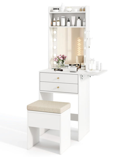 CHARMAID Small Vanity Desk with Mirror and Lights, Makeup Vanity Table with Charging Station, Drawers, Shelves, Foldable Side Table