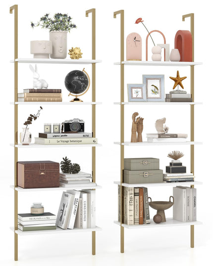 Giantex 5 Tier Modern Wall Mounted Bookshelf, 71'' White and Gold Wood Bookcase with Steel Frame
