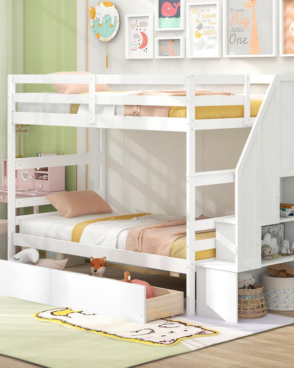 Giantex Bunk Bed Twin Over Twin with Storage Stairs & Drawers, Solid Wood Bunk Bed with Full-Length Guardrails