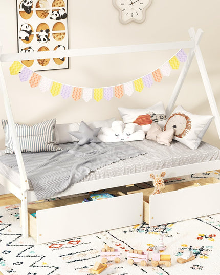 Giantex Twin Bed Frame with 2 Storage Drawers, Wood House Tent Platform Bed Frame with Triangle Structure