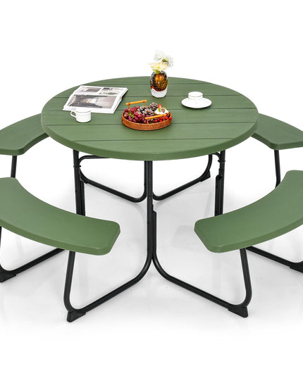 Giantex Picnic Table Set for Up to 8 Persons, Round Outdoor Table and Bench Set with Umbrella Hole