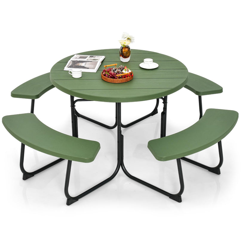 Giantex Picnic Table Set for Up to 8 Persons, Round Outdoor Table and Bench Set with Umbrella Hole