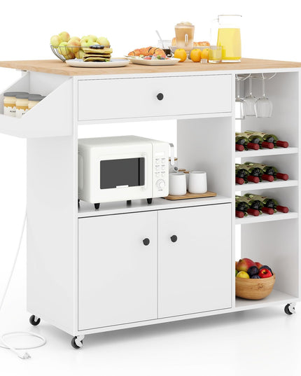 Giantex Rolling Kitchen Island Cart with Drop Leaf, Power Outlet, Spice Rack, 12 Wine Rack