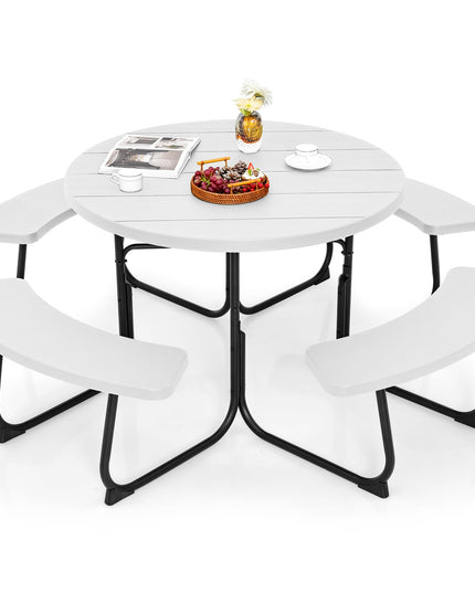 Giantex Picnic Table Set for Up to 8 Persons, Round Outdoor Table and Bench Set with Umbrella Hole