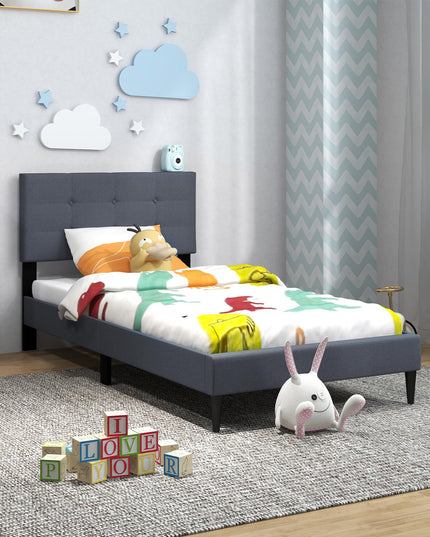 Giantex Platform Bed Frame with Button Tufted Headboard and Wooden Slats