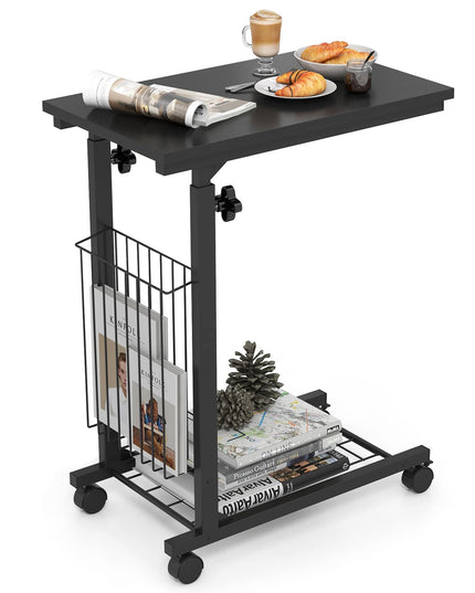 Giantex C Shaped End Table with Wheels, Height Adjustable Mobile Couch Snack Side Table with Storage Shelf