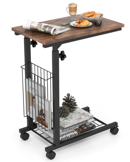 Giantex C Shaped End Table with Wheels, Height Adjustable Mobile Couch Snack Side Table with Storage Shelf