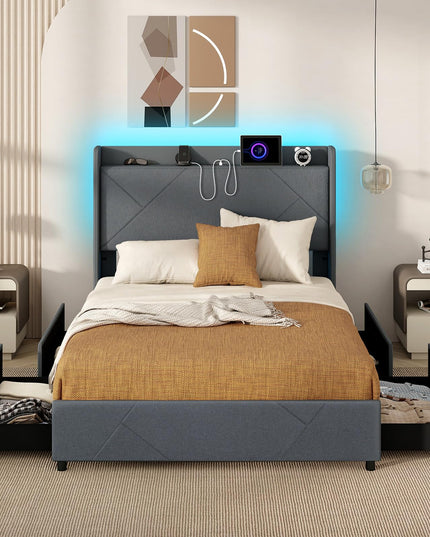 Giantex Full/Queen Size Bed Frame with 4 Storage Drawers & LED Lights, Headboard & Charging Station, Wooden Slats, Easy Assembly, Grey