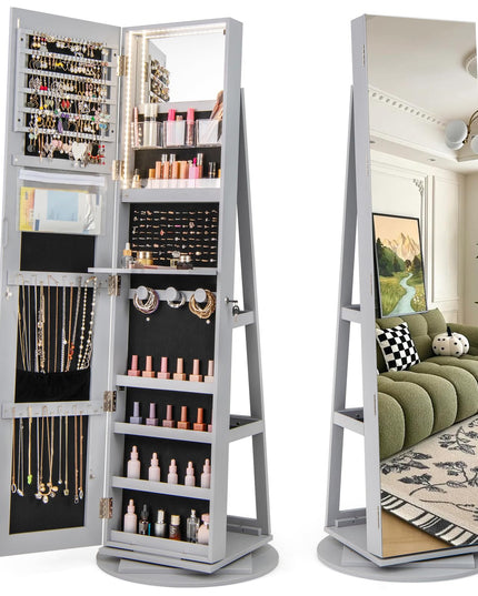 CHARMAID 63.5"H Jewelry Armoire with Full Length Mirror 360 Degree Swivel, 3-Color LED lights