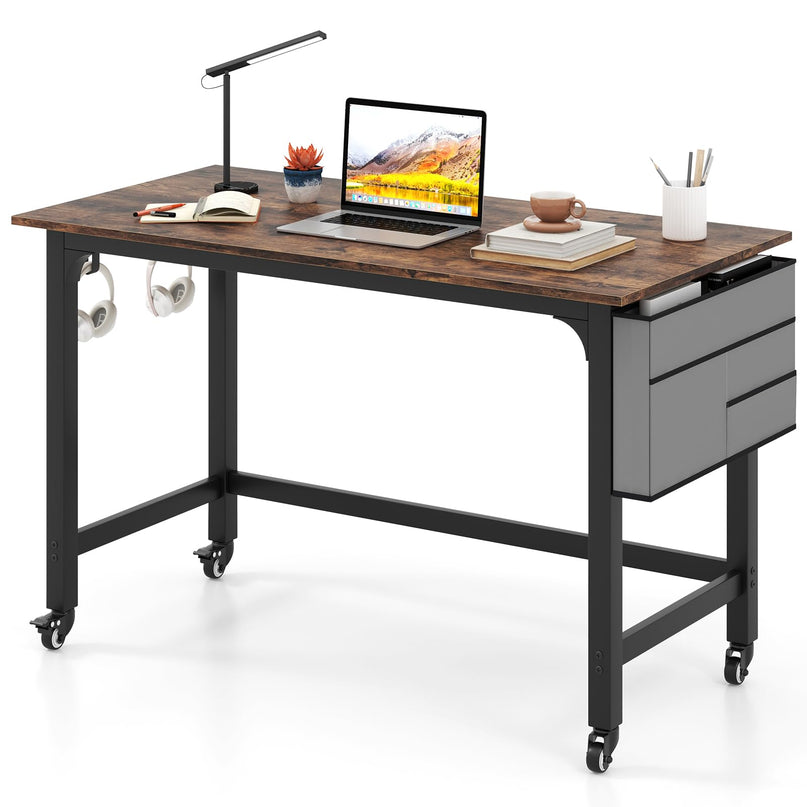 Giantex 48" Rolling Computer Desk, Mobile Study Writing Desk with Wheels & Metal Frame, Simple Style Home Office Work Bench