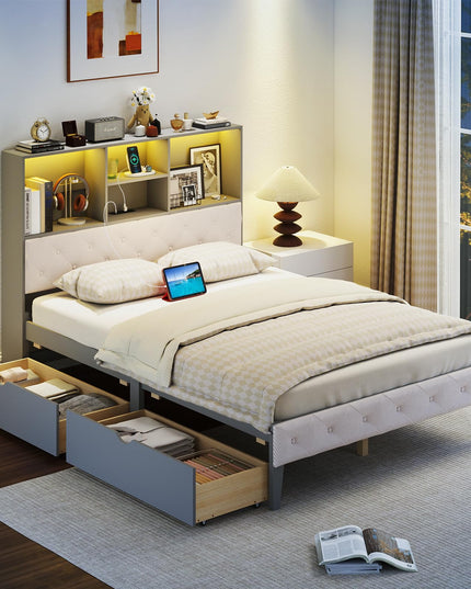 Giantex Gray Full Size Bed Frame with Upholstered Bookcase Headboard