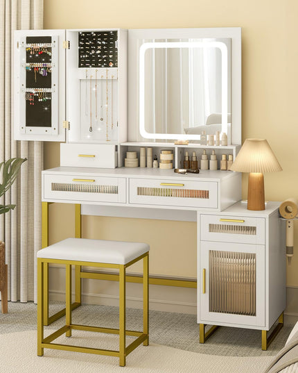 CHARMAID Vanity Desk with Mirror and Lights, White Makeup Vanity Desk with Jewelry Organizer