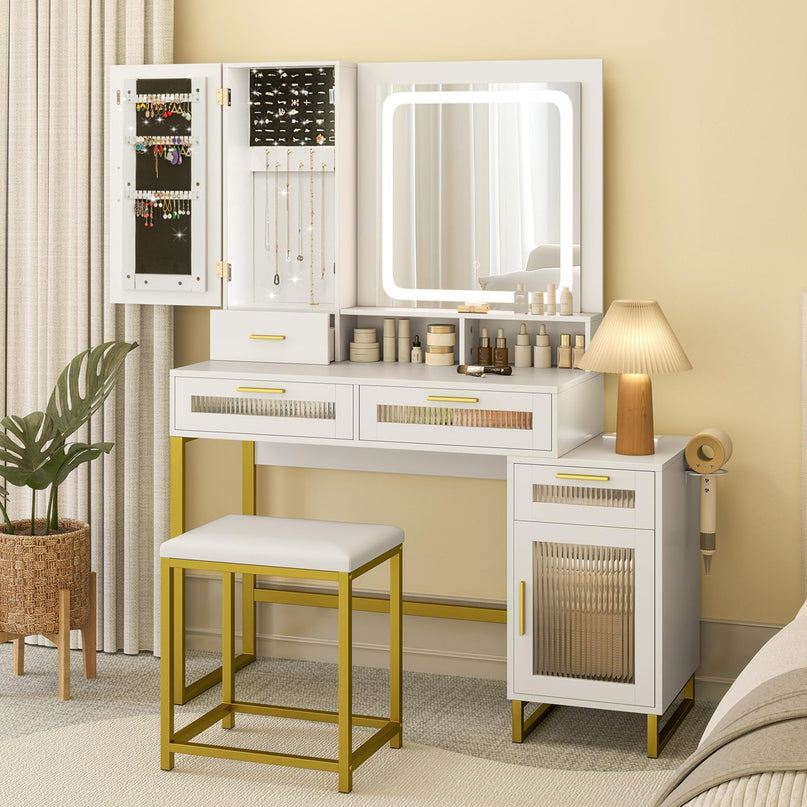 CHARMAID Vanity Desk with Mirror and Lights, White Makeup Vanity Desk with Jewelry Organizer