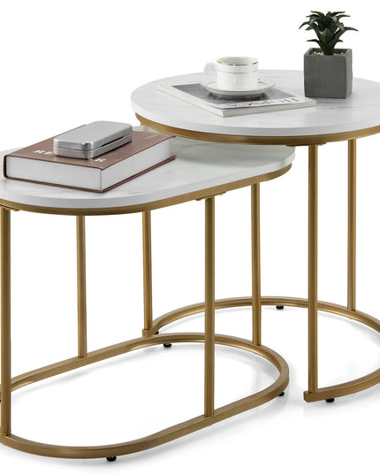 Giantex Modern Nesting Coffee Table Set of 2, Accent Marble Look Stacking Side Table for Living Room Bedroom