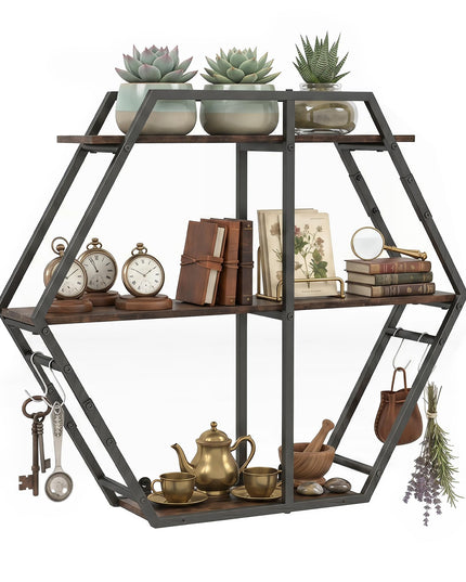 GIANTEX Industrial Hexagon Wall Shelf with 3-Tier Storage Shelves & 4 Hooks